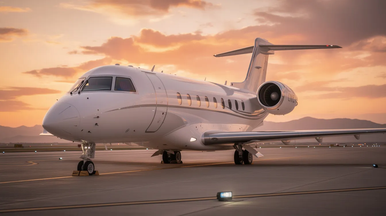 The image shows a sleek private jet, designed for intercontinental routes, with a narrow body and a modern fuselage. Its cockpit is equipped for pilots to operate efficiently, and the aircraft is built for high performance and fuel efficiency, making it ideal for various airlines including Delta and United.