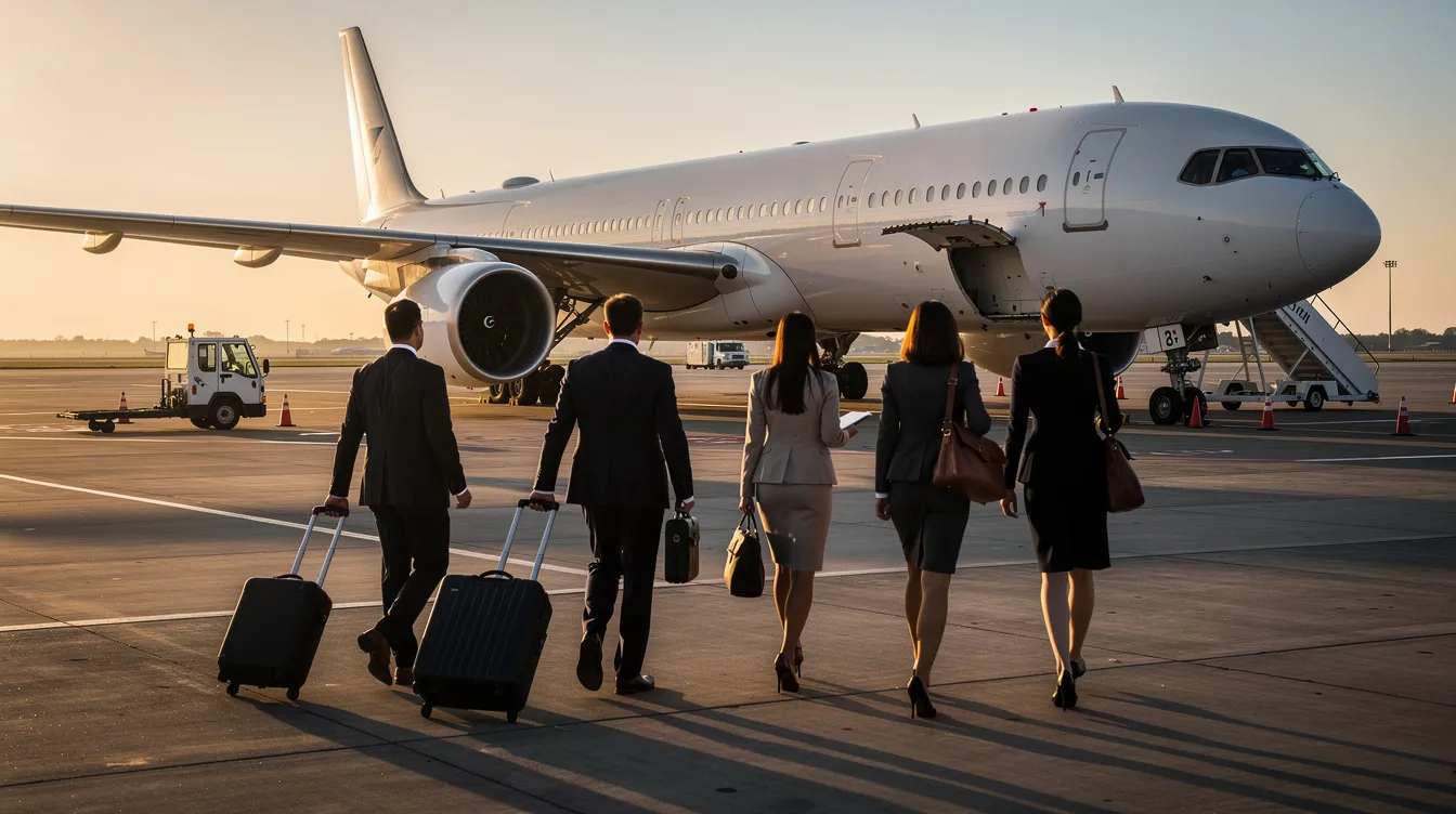 A group of business travelers is walking across the airport tarmac towards a large Airbus A330-200 aircraft, which has its stairs extended for boarding. The scene captures the excitement of travel as passengers prepare for their journey on this efficient wide-body aircraft, known for its spacious cabin and high passenger capacity.