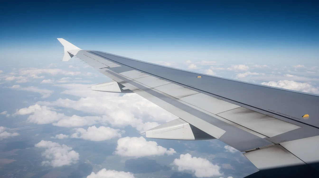 A close-up view of a large twin-engine Airbus A330-200 wing in flight, with fluffy clouds visible below, showcasing its impressive wingspan and aerodynamics. The image highlights the aircraft's design, emphasizing its efficiency and suitability for long-range routes.