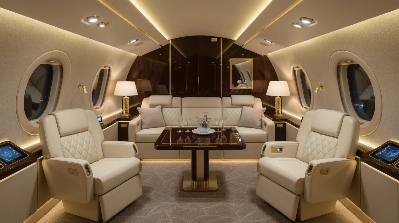 The image depicts the interior of a luxurious Airbus A330-200 VIP aircraft cabin, featuring cream leather lounge seating arranged for comfort and relaxation under warm ambient lighting. This elegant space is designed to accommodate passengers with high-end amenities, enhancing the overall flight experience.