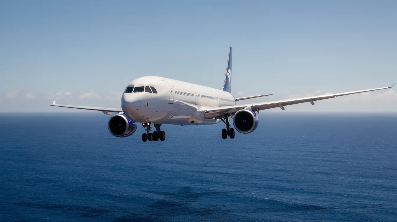 An Airbus A330-200 passenger aircraft is soaring through a clear blue sky above a vast ocean, showcasing its wide-body design and impressive wingspan. This flight highlights the aircraft's efficiency and capabilities for long-range travel, making it a popular choice among airlines for various routes.