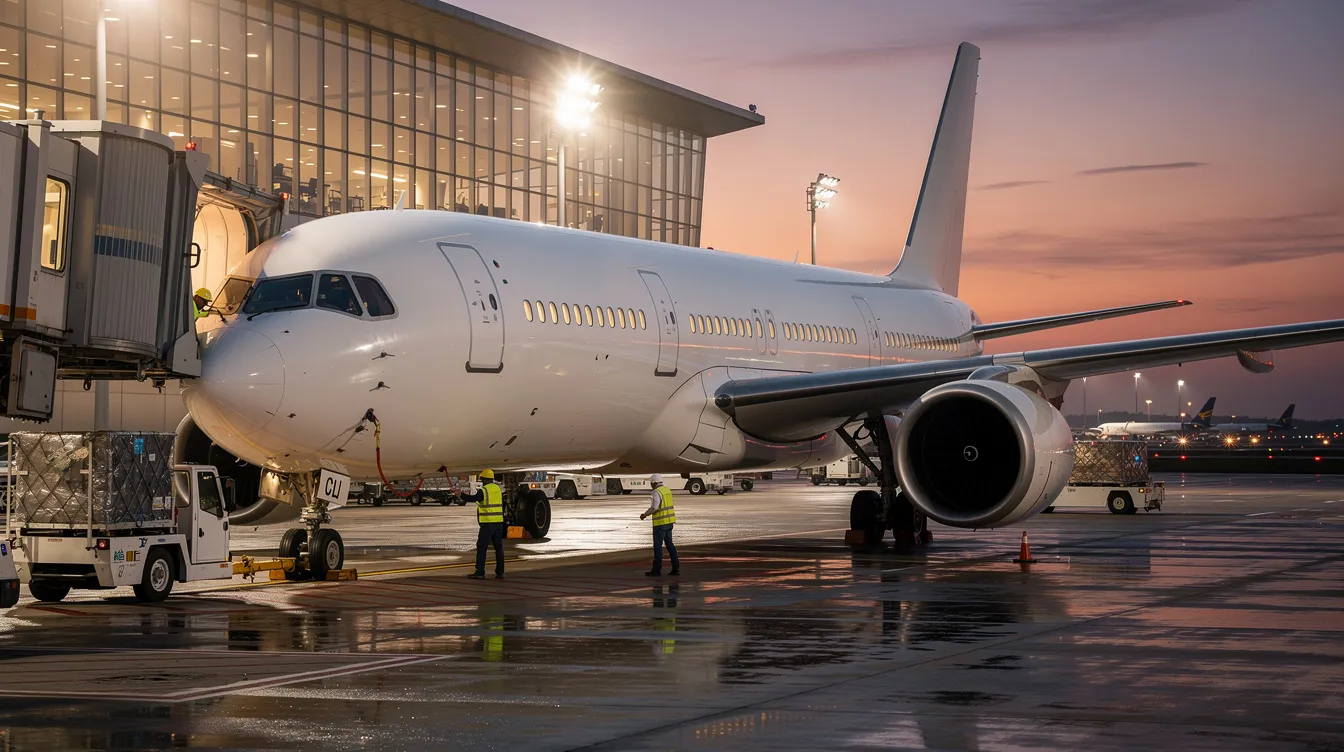 A wide-body Airbus A330-200 aircraft is parked at an international airport gate at dusk, with ground crew members visible preparing for the next flight. The scene highlights the aircraft's spacious cabin and efficient design, emphasizing its role in accommodating passengers on various routes.