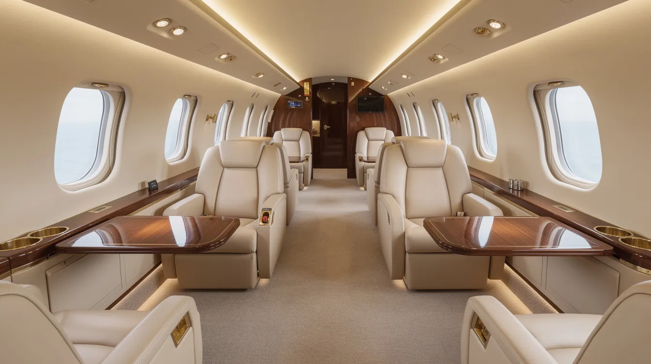 The image depicts a luxurious wide aircraft cabin interior featuring cream leather seats arranged in a lounge configuration, complemented by large windows and warm ambient lighting, creating an inviting atmosphere for passengers during flight. The design emphasizes comfort and elegance, ideal for a premium travel experience at cruise speed.