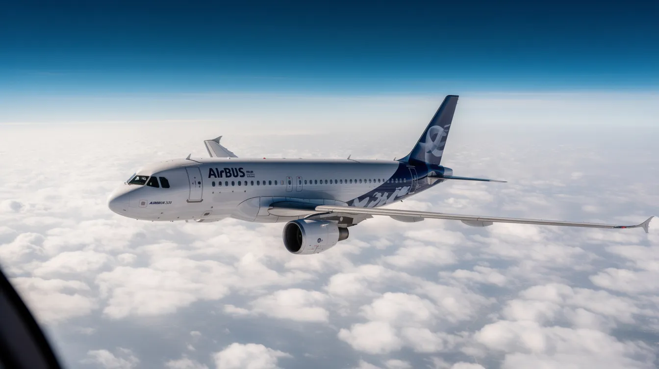 An Airbus A320 aircraft is soaring at high altitude above a blanket of fluffy white clouds, with a clear blue sky in the background. The plane is likely maintaining its cruise speed, showcasing its powerful engines and sleek wings as it flies smoothly through the air.