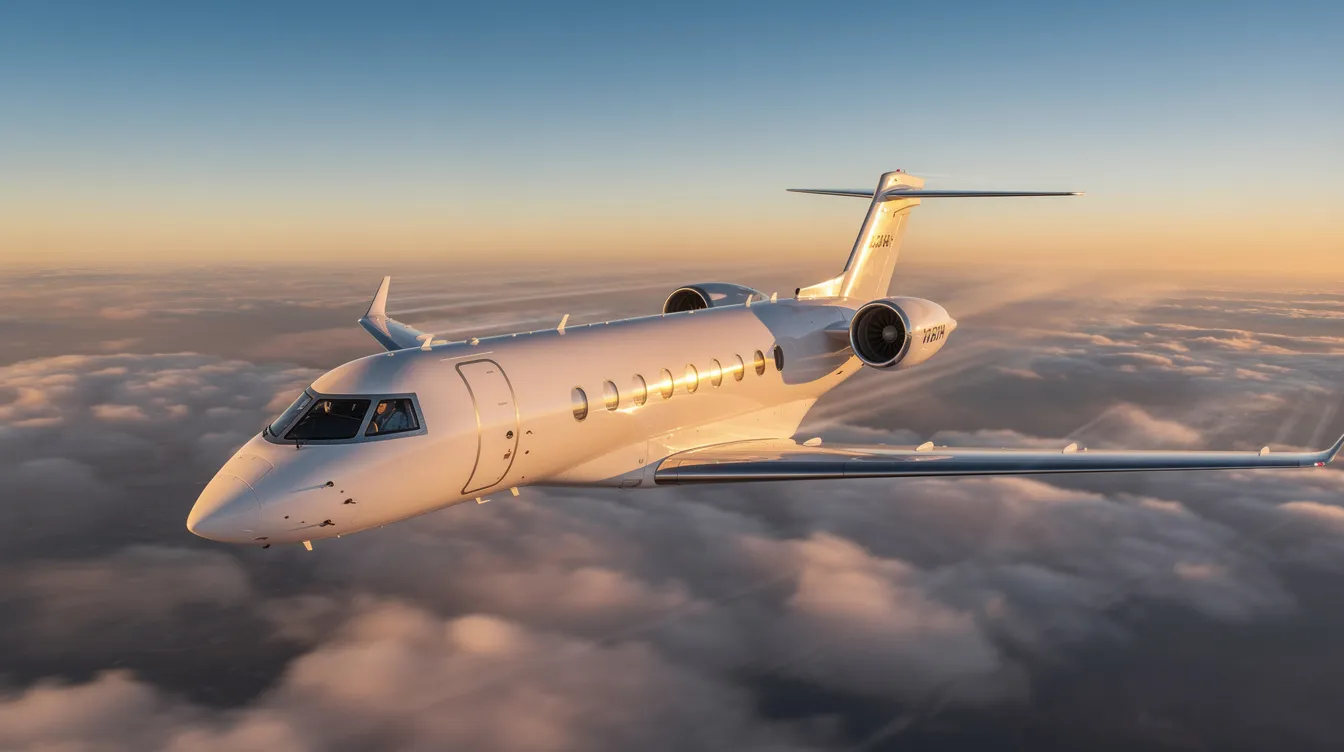 The image depicts a sleek private jet, showcasing its impressive wingspan and modern design, which is characteristic of global aviation. This aircraft is equipped with advanced avionics and systems, ensuring high fuel efficiency and reliability for long haul routes.