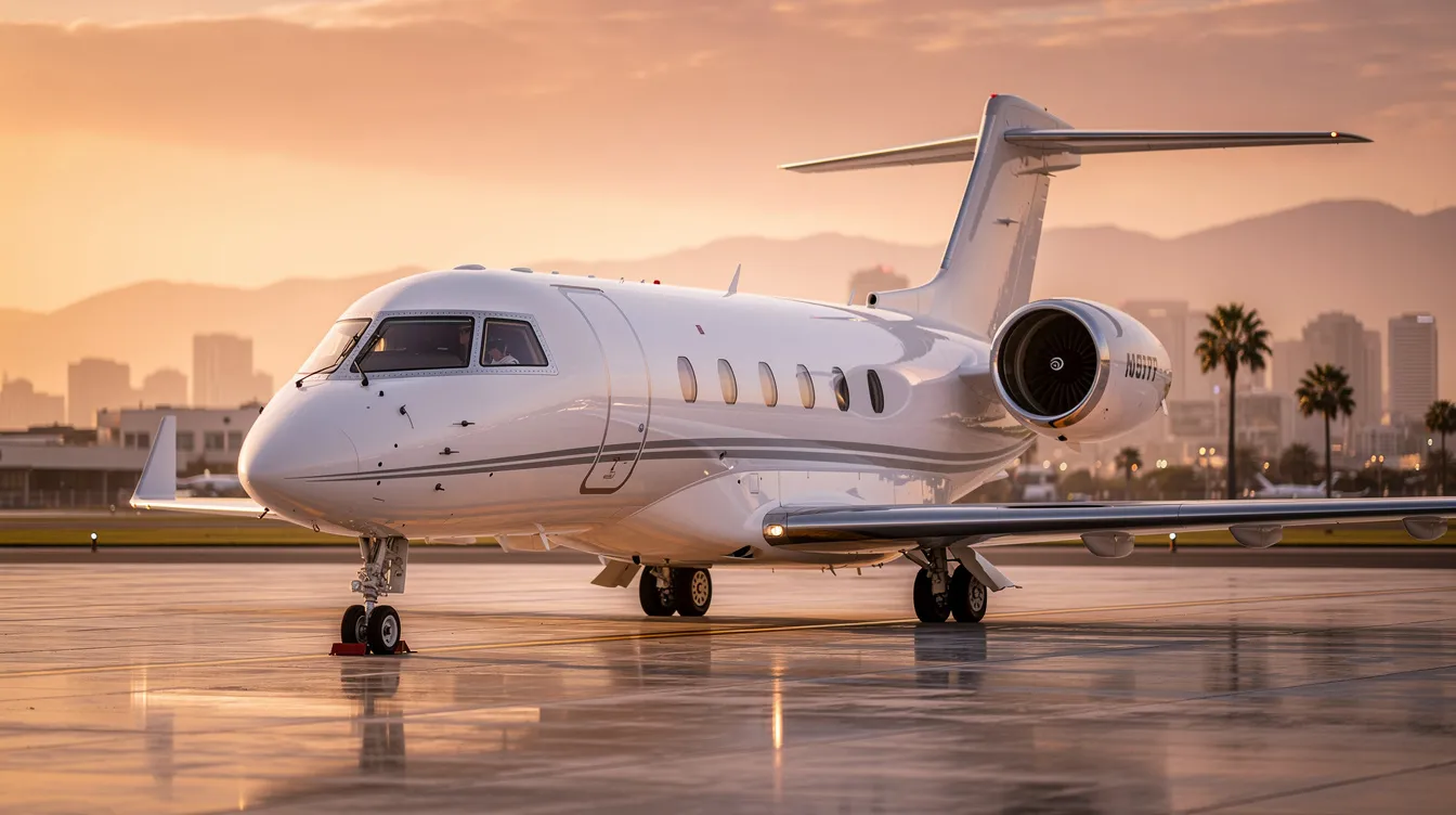 The image depicts a sleek private jet, showcasing its streamlined fuselage and impressive wingspan, designed for fuel efficiency and high cruising speed. The aircraft is equipped with advanced avionics and landing gear, making it suitable for both passenger and cargo transport on international routes.