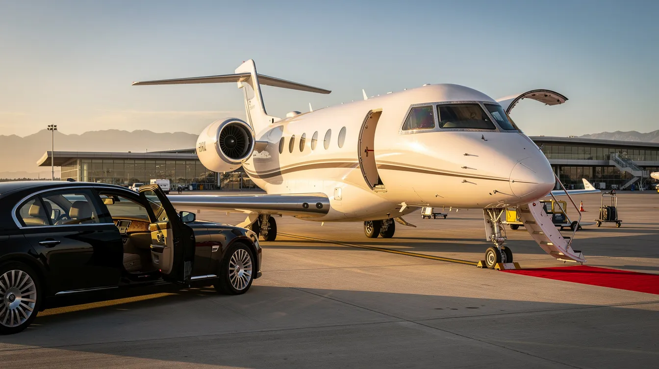 The image depicts a sleek private jet, showcasing its impressive wingspan and modern design, which is characteristic of global aviation. This aircraft is equipped with advanced avionics and systems, ensuring high fuel efficiency and reliability for long haul routes.