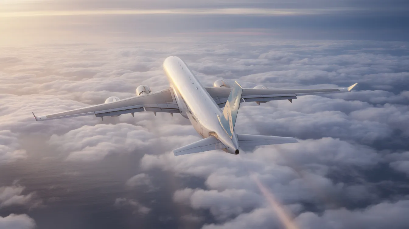 A wide-body twin-engine jetliner, such as the Boeing 767, is cruising at its cruising speed above a layer of white clouds over the Atlantic Ocean during a vibrant sunset. This aircraft, popular among major airlines for long haul routes, showcases its impressive wingspan and is designed for fuel efficiency, making it suitable for intercontinental flights.