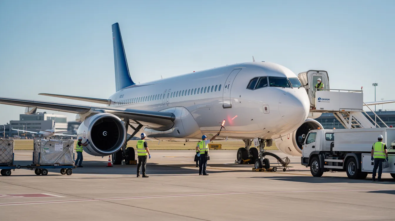 A large Boeing 767, a wide body airliner, is parked on the runway surrounded by ground crew and service vehicles, all set against a clear blue sky. This aircraft, known for its fuel efficiency and capability to operate long haul routes, is a popular choice among major airlines like United Airlines and Japan Airlines.
