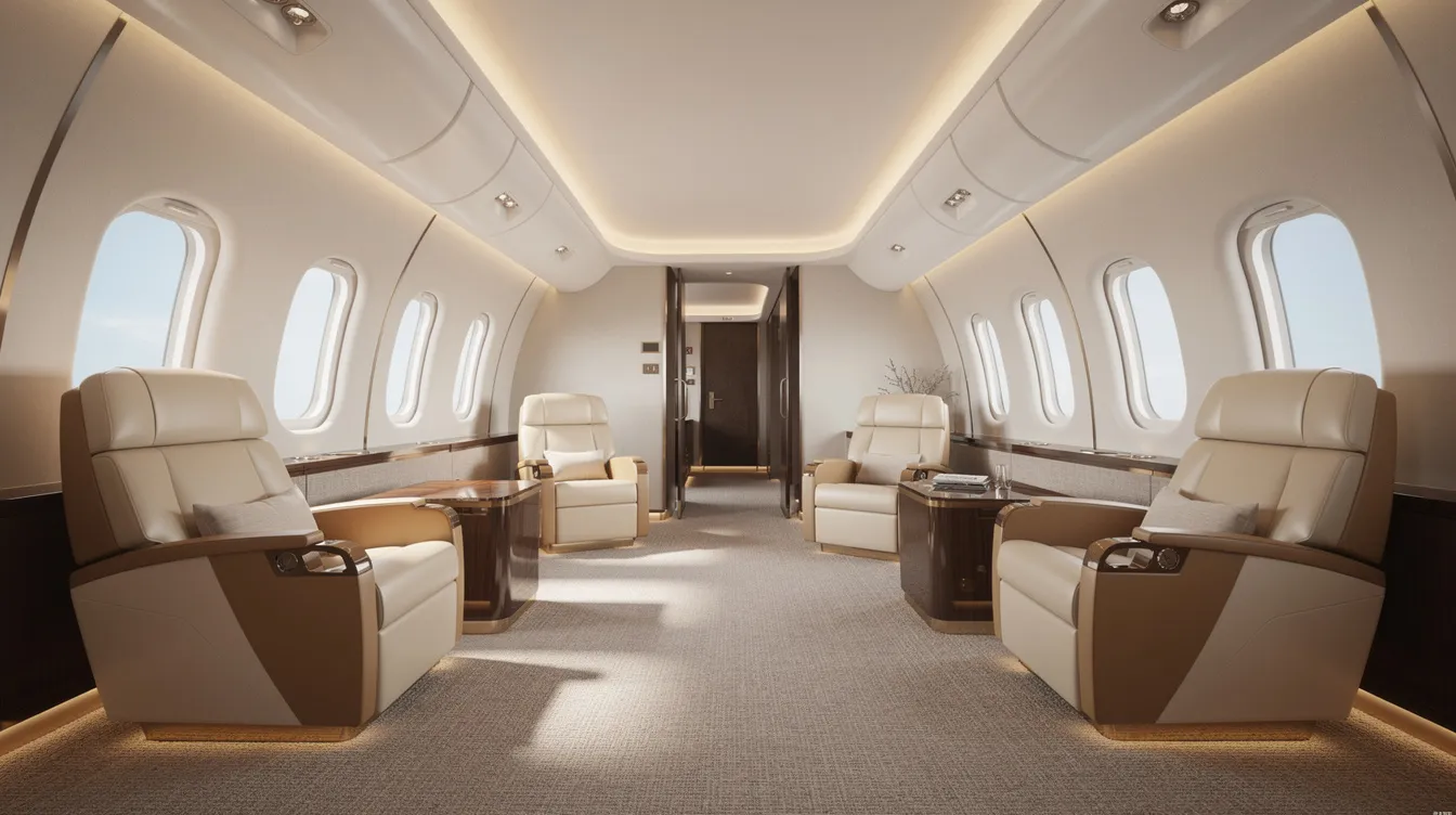 The image depicts a spacious luxury aircraft cabin interior featuring wide leather seats arranged in a lounge configuration, complemented by soft lighting and large windows, ideal for long haul routes. This elegant setting is characteristic of wide body airliners like the Boeing 767, designed to enhance passenger comfort during intercontinental flights.
