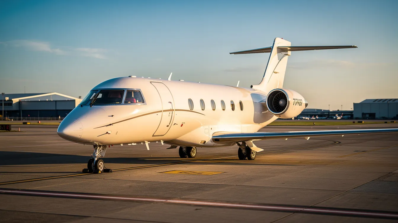 A sleek private jet, resembling an Airbus aircraft, is parked on the airport tarmac under clear blue skies, showcasing its elegant design and spacious wings. The aircraft is ready for flight, symbolizing luxury travel with fewer passengers and high performance.