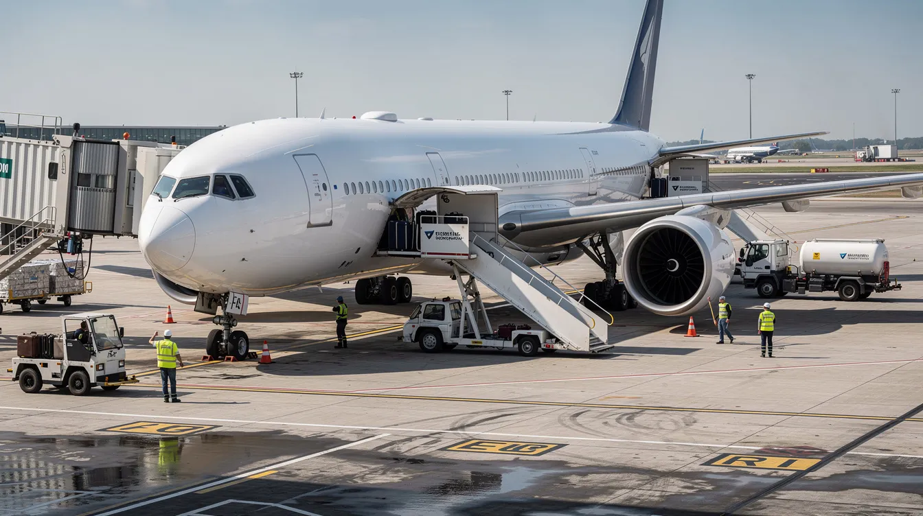 A wide-body Airbus A330 commercial airliner is parked at an airport gate, surrounded by ground crew and loading equipment, ready for boarding. This twin aisle aircraft is known for its long-range capabilities and can accommodate more passengers, making it a popular choice for airlines on long-haul routes.