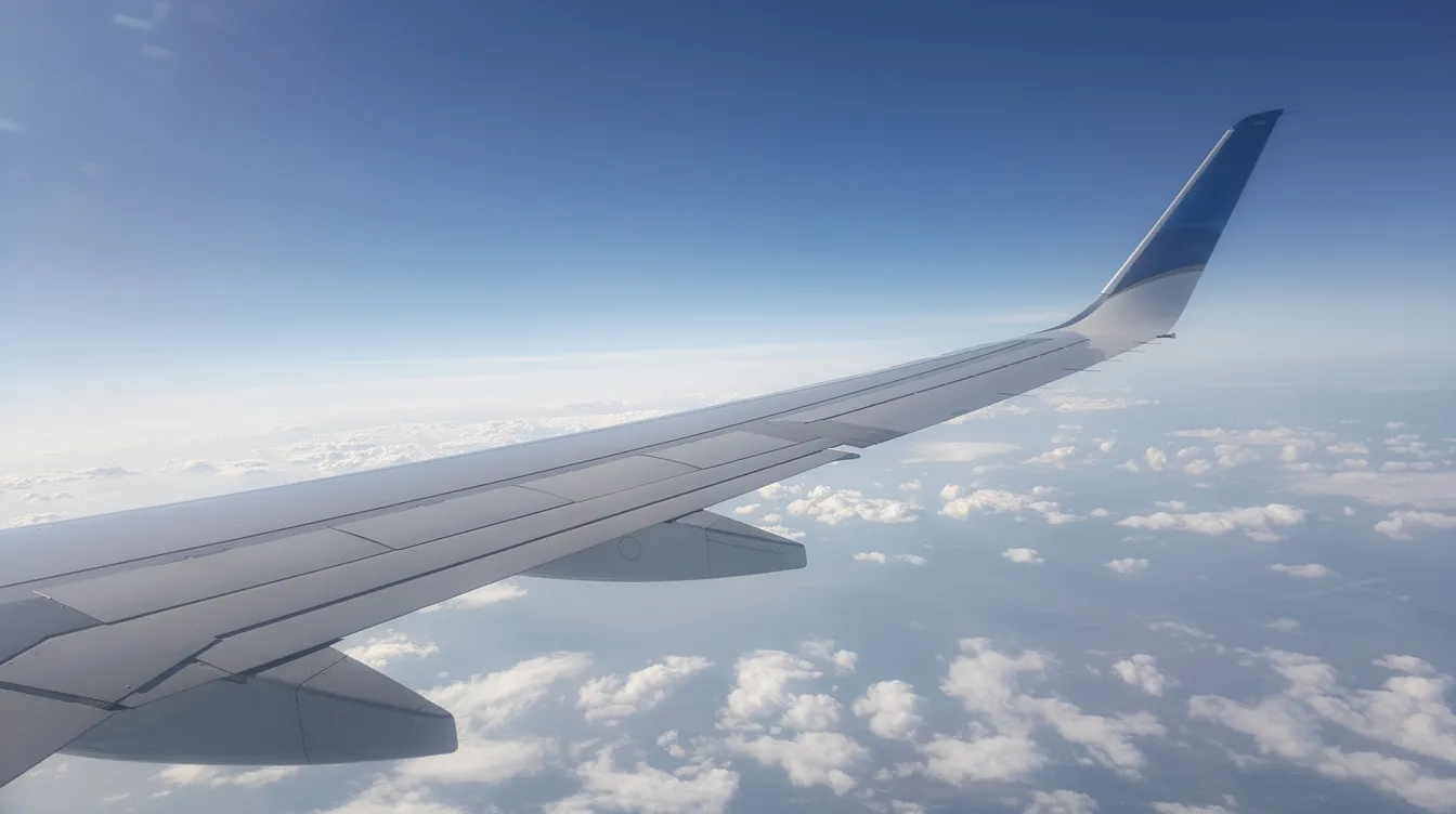 The image features a commercial aircraft wing, specifically from the Airbus A320 family, showcasing a curved wingtip device against a bright blue sky during flight, emphasizing its fuel-efficient design and advanced aerodynamics. This wing design contributes to better fuel efficiency and operational efficiency for airlines.