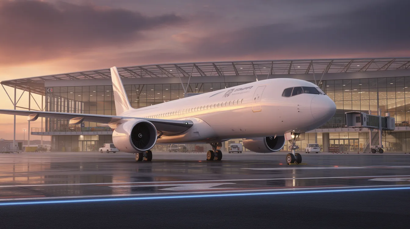 A next-generation commercial aircraft concept, resembling the Airbus A320 family, is positioned on a runway at sunset, with a modern airport terminal in the background. The scene highlights the aircraft's sleek design and fuel-efficient features, symbolizing advancements in operational efficiency and passenger capacity.