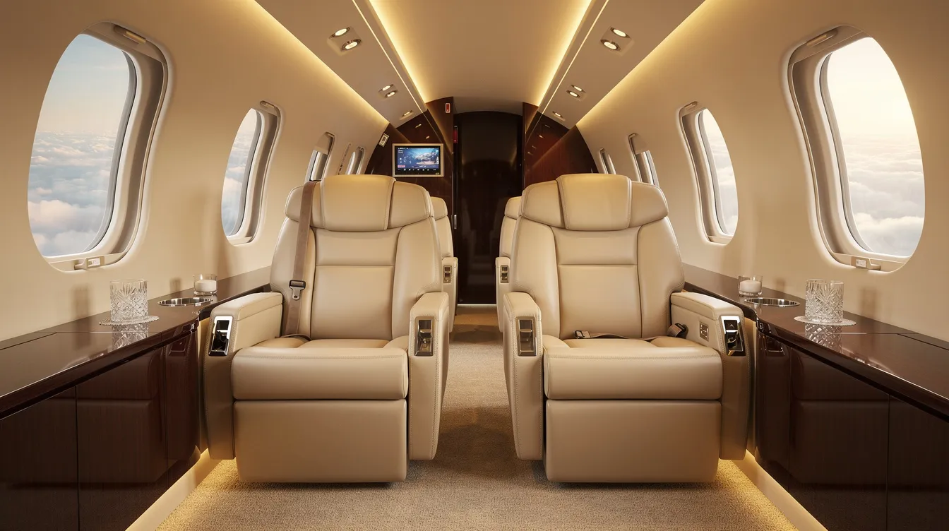 The image depicts a spacious private jet cabin featuring wide leather seats and warm ambient lighting, creating a luxurious and comfortable atmosphere for passengers. The design emphasizes operational efficiency and passenger capacity, typical of modern aircraft interiors.