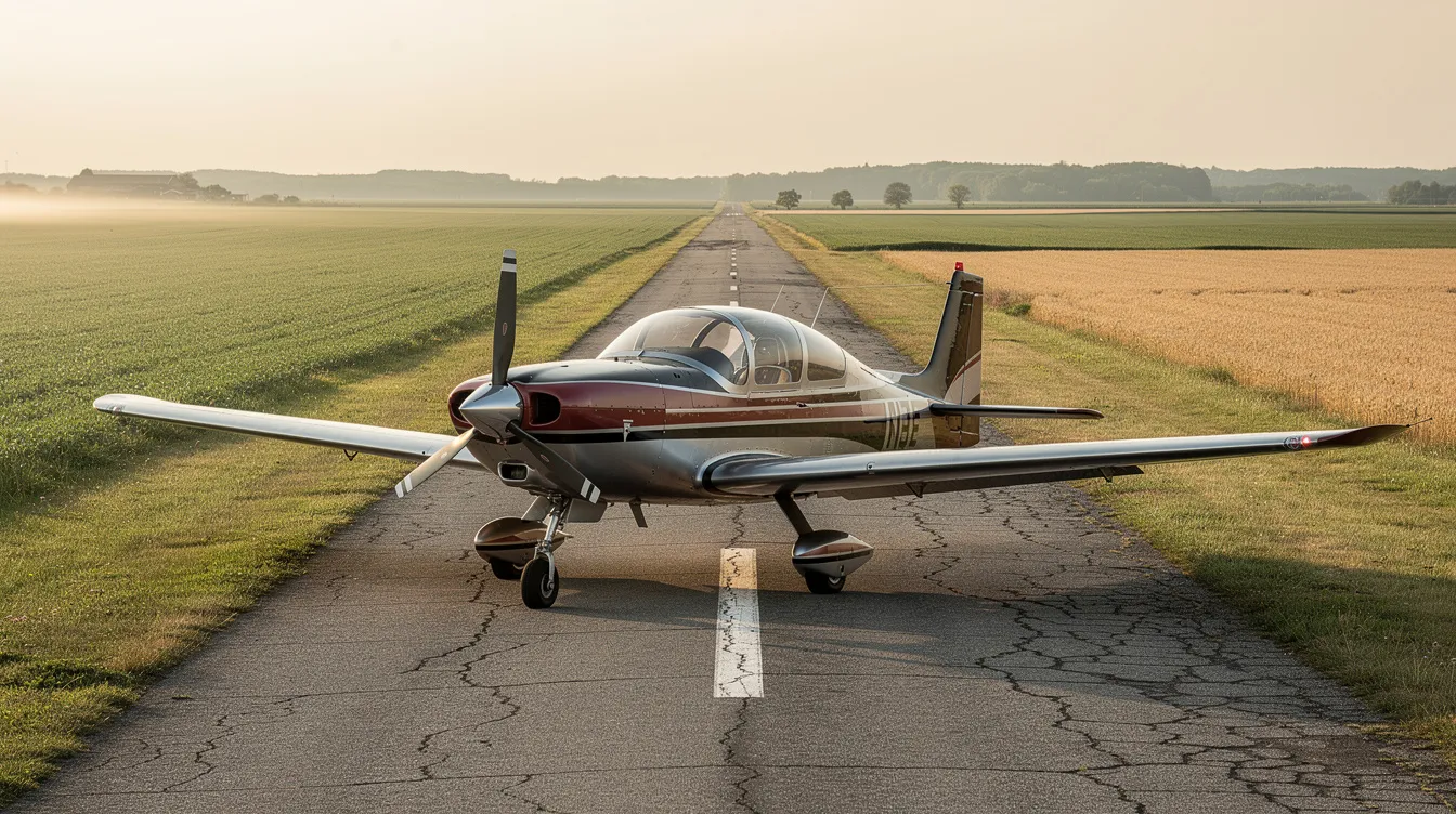 A high-performance single engine piston aircraft is parked on a small rural runway, surrounded by open fields, showcasing its sleek design and advanced aerodynamics. This general aviation aircraft is known for its exceptional fuel efficiency and maximum cruise speed, making it a popular choice for owner pilots and flight training.