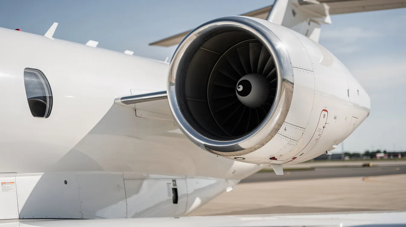 A close-up view of a small turbofan jet engine mounted on the wing of a private aircraft, highlighting its sleek design and advanced technology. This engine represents the high performance typical of very light jets, making it an appealing choice for private flight and efficient travel.