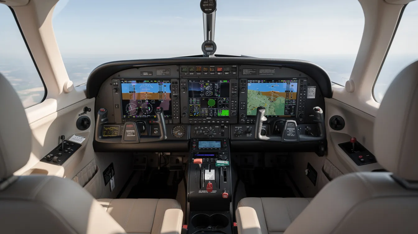 The image depicts a modern glass-panel cockpit of a small four-seat piston aircraft, showcasing advanced avionics and digital flight displays. This high-performance single engine piston aircraft, likely a Mooney Acclaim Ultra, is designed for maximum speed and efficiency during flight.