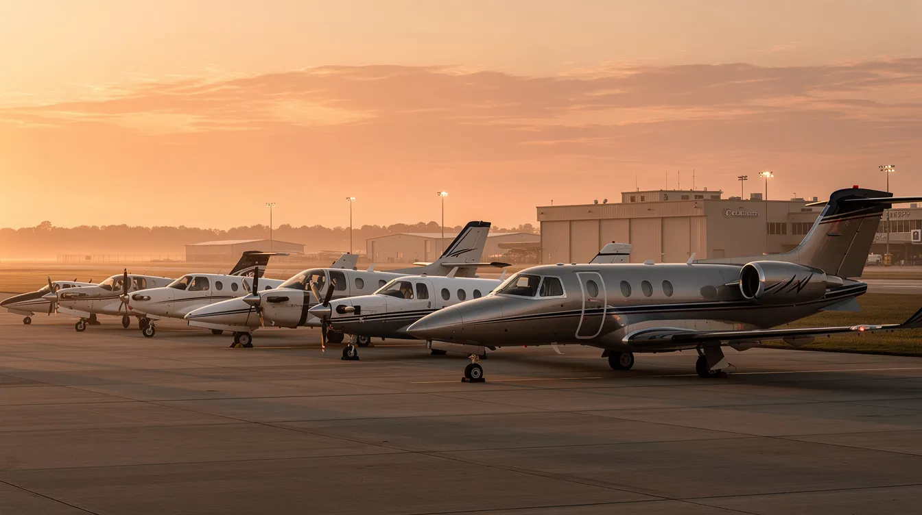 The image shows several small private aircraft, including single engine piston aircraft, parked on a ramp at a regional airport during a vibrant sunset. Among them, the Mooney Acclaim Ultra stands out, known for its high performance and top speed, creating a serene yet dynamic scene in the world of general aviation.
