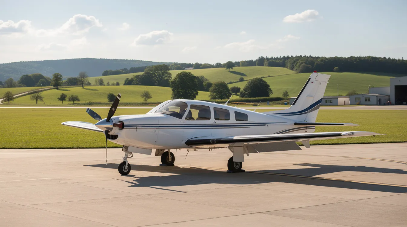 A small single engine piston aircraft, specifically a Mooney Acclaim Ultra, is parked on a tarmac at a quiet regional airfield, with rolling green hills in the background. This four-seat airplane, known for its high performance and impressive cruise speed, is a notable example of general aviation engineering.