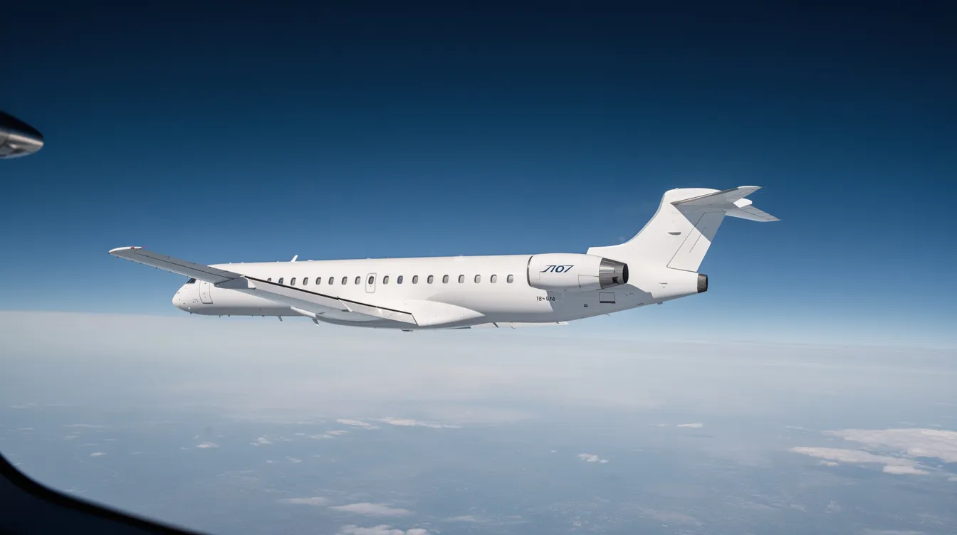 A large white business jet is soaring at high altitude against a clear blue sky, with the curvature of the earth subtly visible in the background. This high-performance aircraft is designed for maximum cruise speed, offering a spacious cabin for comfortable business travel.