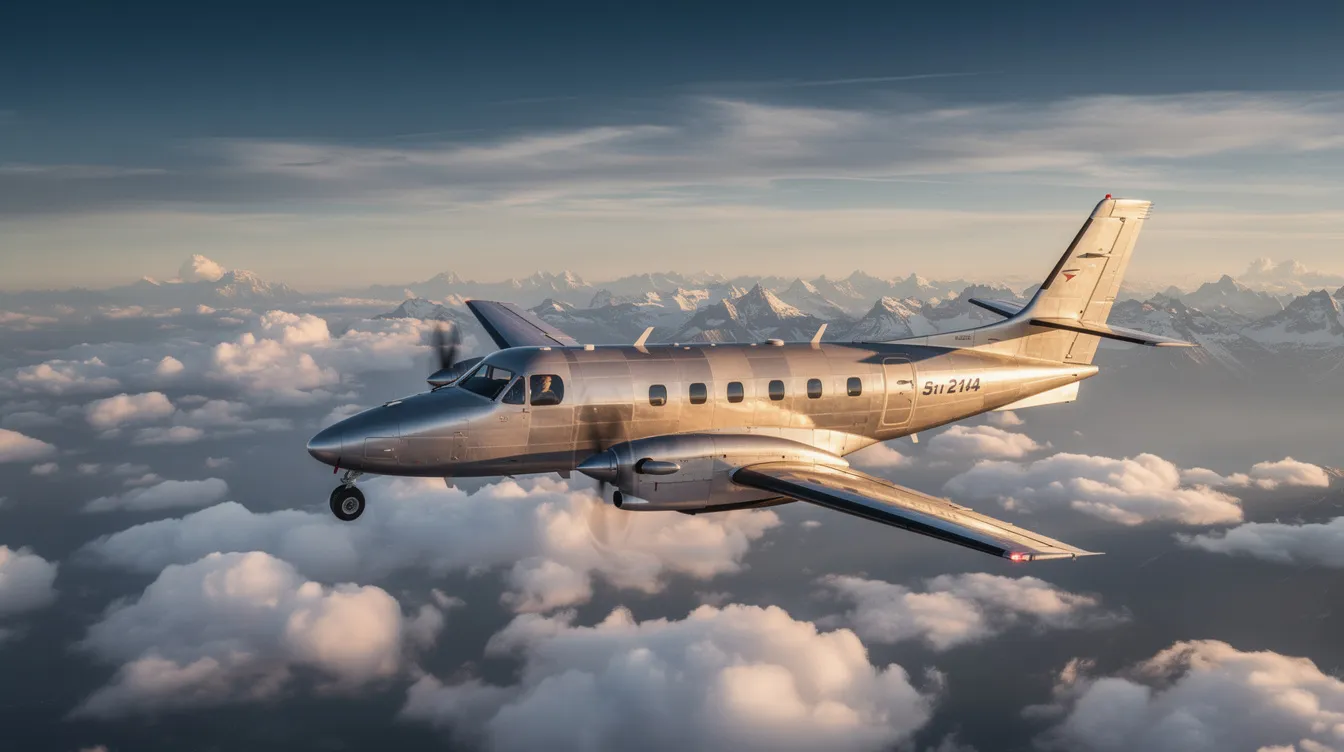 A single-engine turboprop aircraft glides gracefully above scattered clouds, showcasing its aerodynamic design and high performance as it cruises over a breathtaking mountain landscape below. This light aircraft is known for its remarkable fuel efficiency and maximum cruise speed, making it a popular choice among private owners and general aviation pilots.