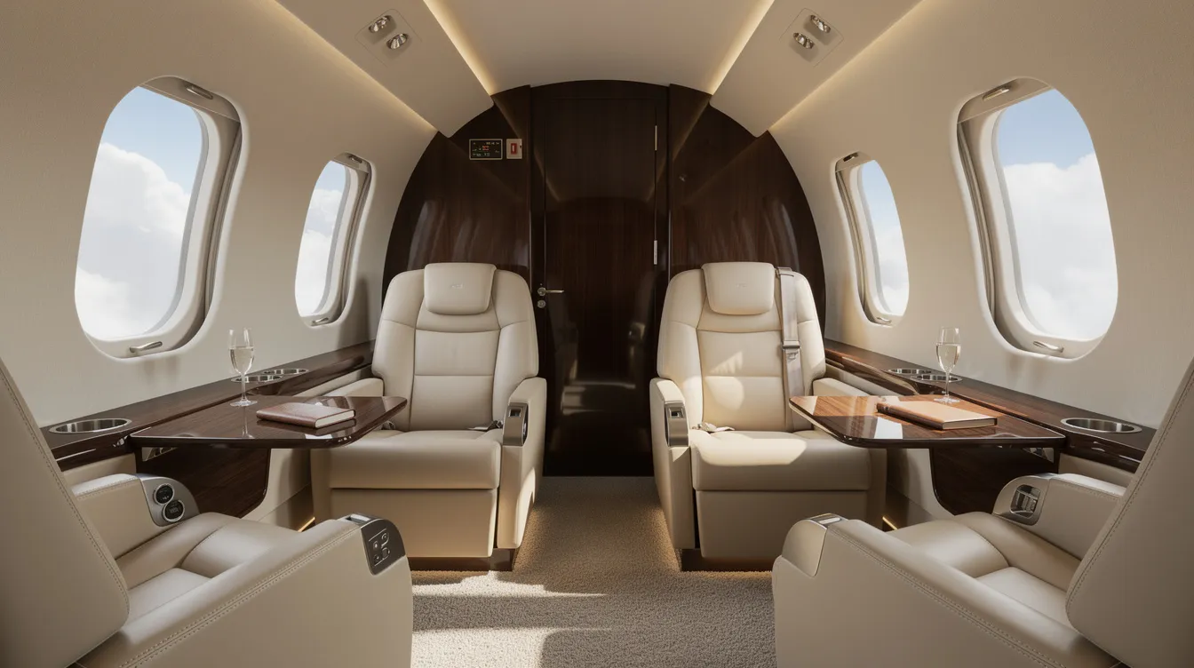 The image depicts the interior of a modern private jet cabin featuring cream leather seats, elegant wood paneling, and large oval windows revealing fluffy clouds outside. This spacious cabin is designed for comfort and luxury, ideal for business travel or private owners seeking high performance and efficiency in their flights.