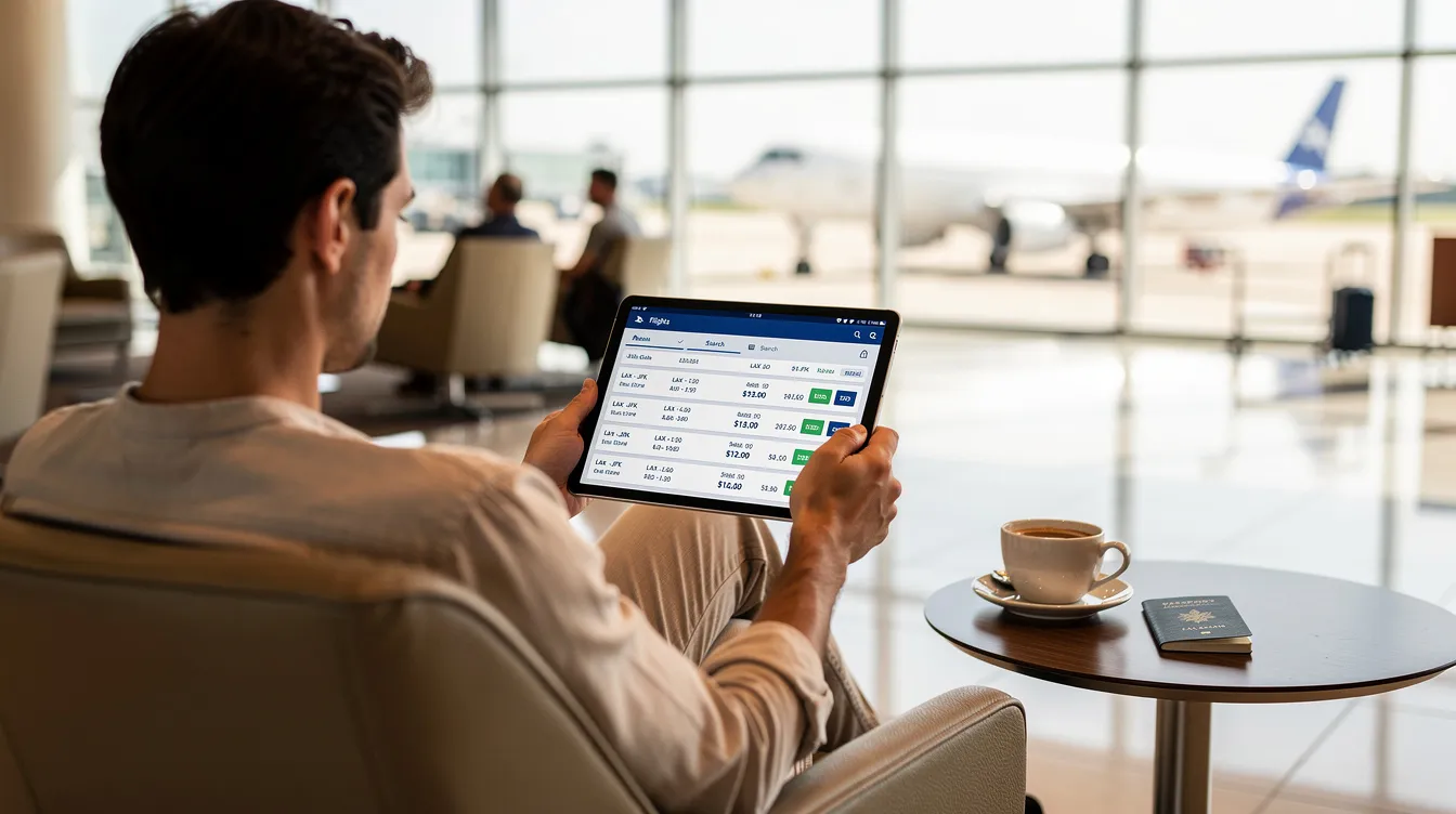 A person is seated in a comfortable airport lounge, intently reviewing flight options on a tablet screen. The scene captures the modern travel experience, highlighting the convenience and technology available to business travelers.