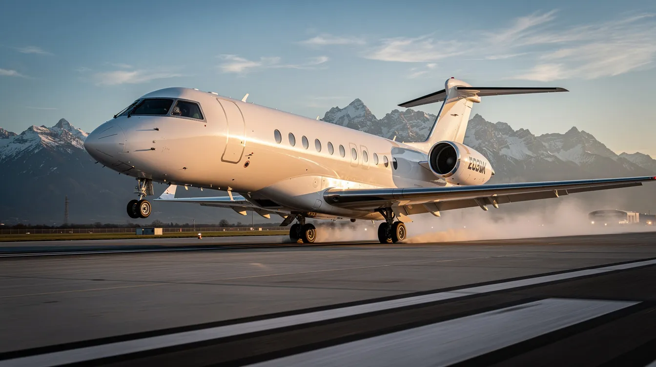 A Hawker 850XP business jet is taking off from a runway, with majestic mountains visible in the background. This mid-size corporate aircraft features a spacious cabin designed for eight passengers, equipped with upgraded avionics systems and enhanced safety features.