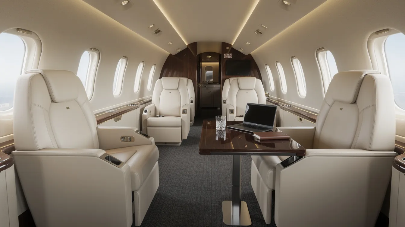 The interior of a private jet cabin features luxurious leather club seating arranged for eight passengers, complemented by a fold-out table for convenience. This spacious stand-up cabin reflects the elegance and comfort typical of vintage business jets, making it ideal for both leisure and corporate travel.