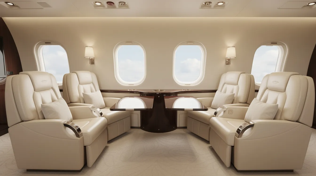 The image depicts the luxurious interior of a private jet cabin featuring cream leather seats arranged in a club configuration, complemented by executive tables. This elegant space is ideal for those interested in the sale of Cessna Citation jets, particularly the Citation X model, showcasing the comfort and sophistication of new aircraft options.