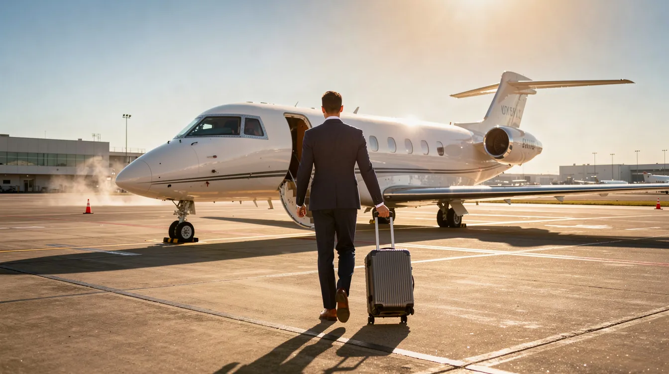 A business traveler is walking toward a sleek Cessna Citation X private jet on a sunlit tarmac, highlighting the luxury and convenience of executive travel. The aircraft features elliptical winglets and is part of the market for new aircraft available for sale.