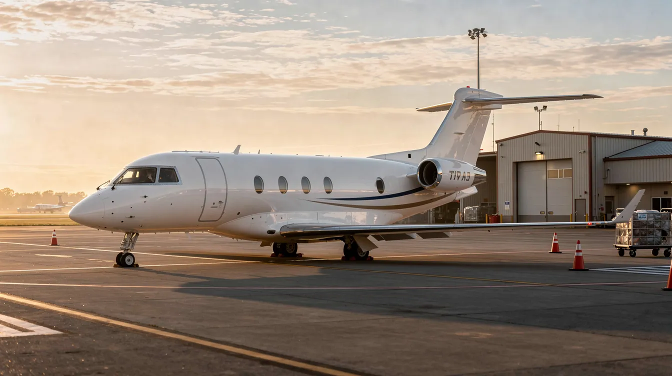 A sleek Cessna Citation X private jet is parked at a smaller regional airport, bathed in the warm glow of golden hour. The aircraft features elliptical winglets and a polished paint finish, showcasing its elegance and readiness for sale in the private jets market.