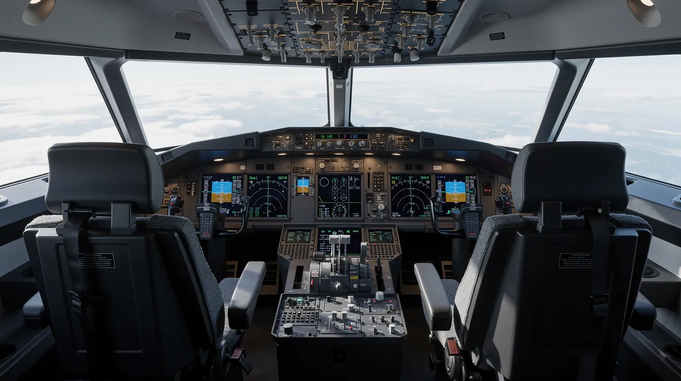 The image shows the interior of a modern airplane cockpit, featuring an array of digital displays and flight instruments that pilots use to navigate the aircraft. The sleek design emphasizes technology and safety, with controls for managing the jet's engines and flight systems.