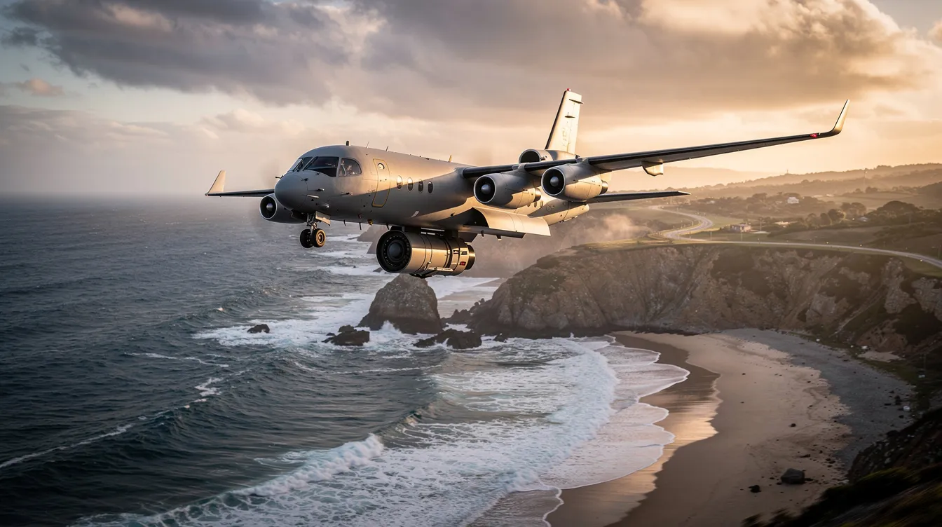 A surveillance aircraft, specifically a diamond aircraft, is flying low over a coastline, showcasing its visible sensor pod. This single engine aircraft is designed for missions that require increased performance and efficiency in general aviation.