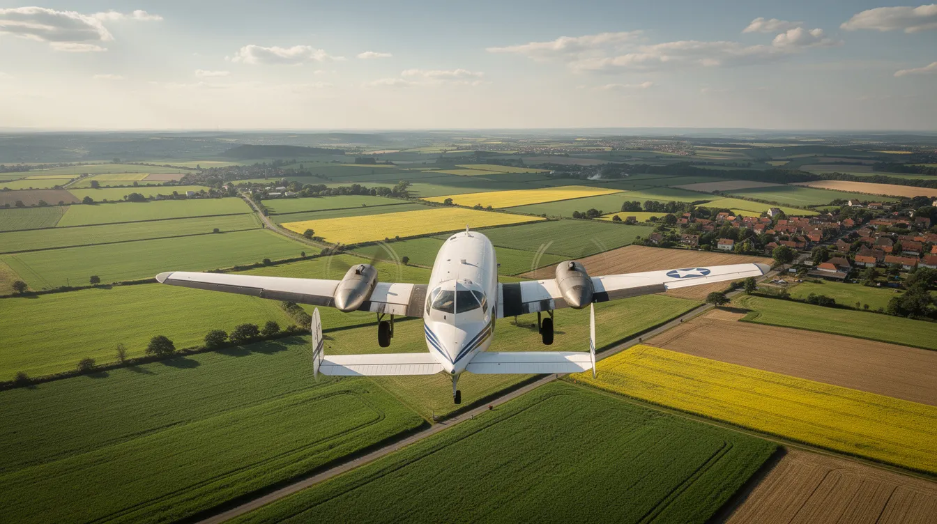 A twin-engine piston aircraft, specifically a Diamond DA42 MPP, is soaring above lush green farmland in Europe, showcasing the beauty of general aviation. The aircraft's sleek design and powerful engines highlight the efficiency and performance associated with Diamond Aircraft Industries.