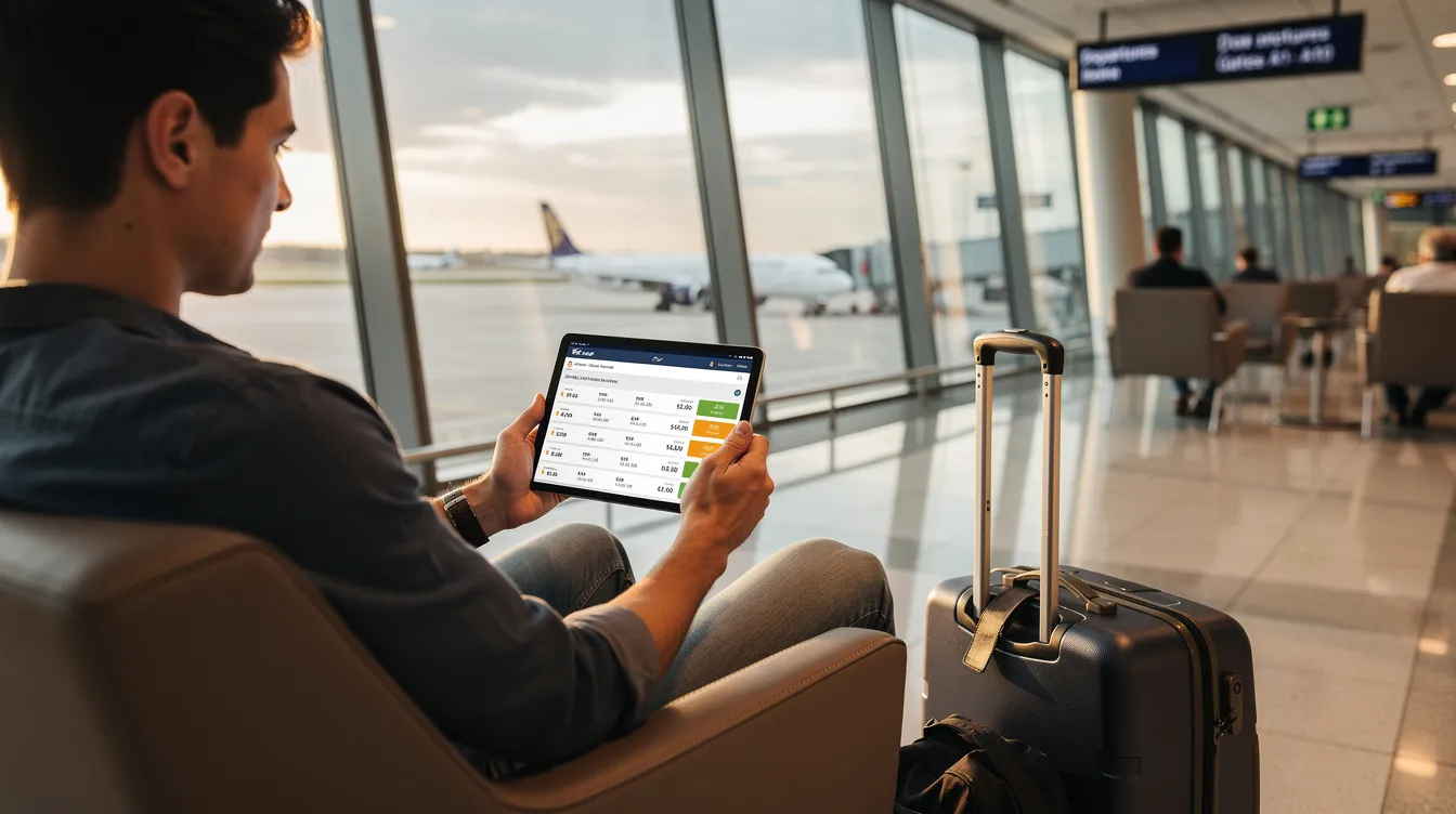 A person is seated in an airport lounge, intently reviewing various flight options on a tablet screen, likely considering private aviation choices such as fractional ownership or jet card programs. The atmosphere is relaxed, with comfortable seating and soft lighting, as they explore the costs and benefits of flying on light or midsize jets from a private jet company.