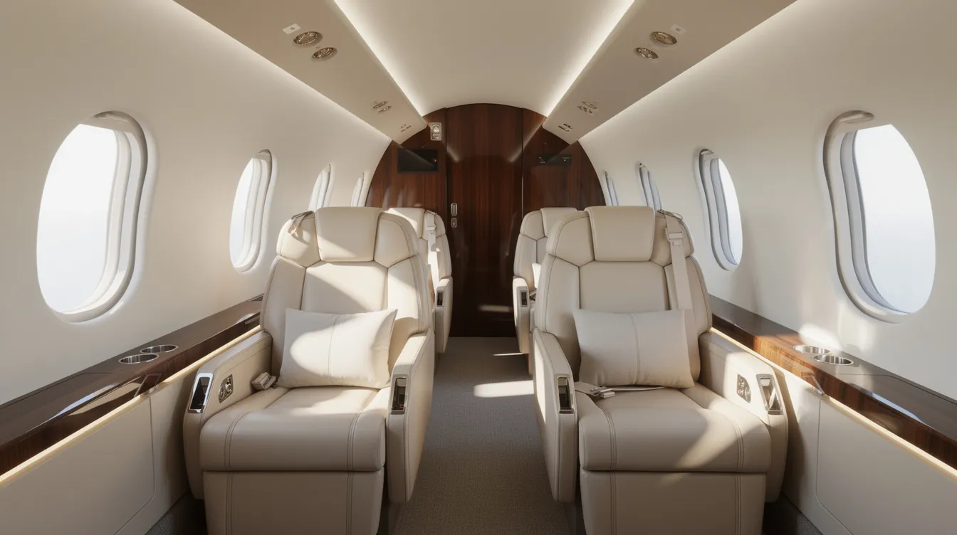 The image shows the interior of a modern private jet cabin featuring luxurious leather seats and ample natural light streaming in from large windows. This comfortable interior is designed for passengers, with amenities that enhance the flying experience in a light jet category, such as climate control systems and LED cabin lighting.