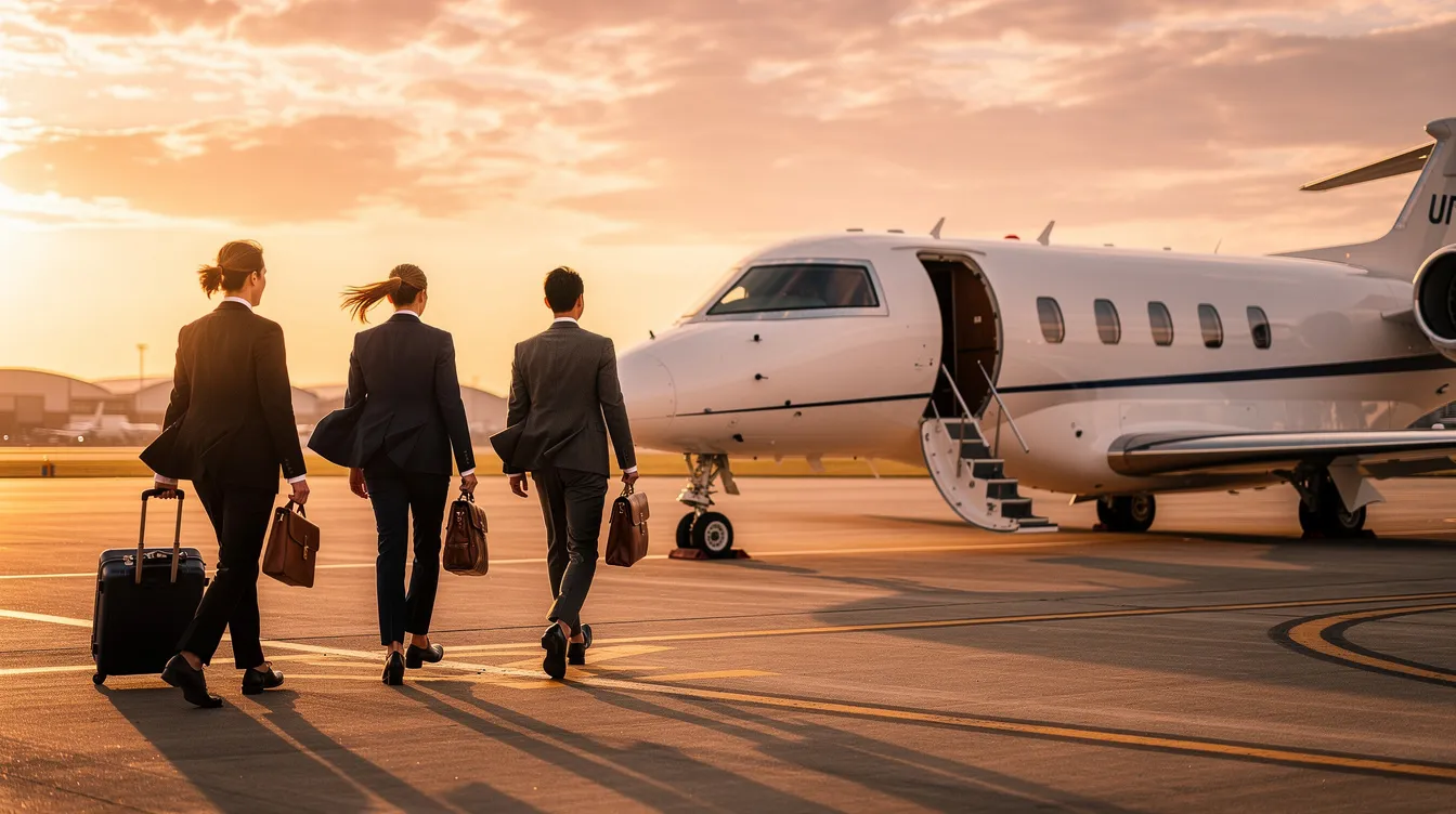 A group of business professionals is walking toward a private jet, specifically an Embraer Phenom 300, on an airport ramp as the sun sets in the background. The scene captures the luxurious ambiance of private travel, highlighting the jet's sleek design and the professionals' confident demeanor.