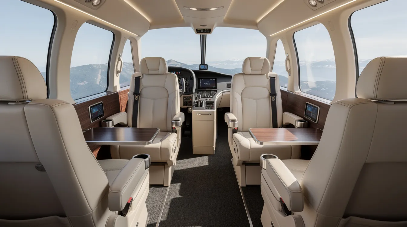 The image shows the interior of a luxurious Bell 429 GlobalRanger helicopter cabin, featuring plush leather seating designed to accommodate up to seven passengers and wide windows that provide ample natural light. The spacious cabin includes a flat floor and a baggage compartment, emphasizing comfort and efficiency for various missions.