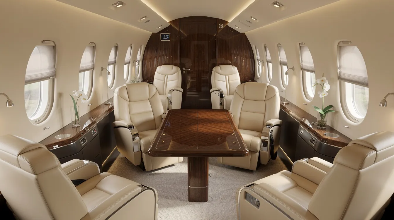 The image depicts the interior of a spacious Bombardier Challenger 850 business jet cabin, featuring luxurious leather club seats, a sleek conference table, and soft, ambient lighting, creating an inviting atmosphere for passengers. This private aircraft is designed for comfort and productivity during transcontinental flights.