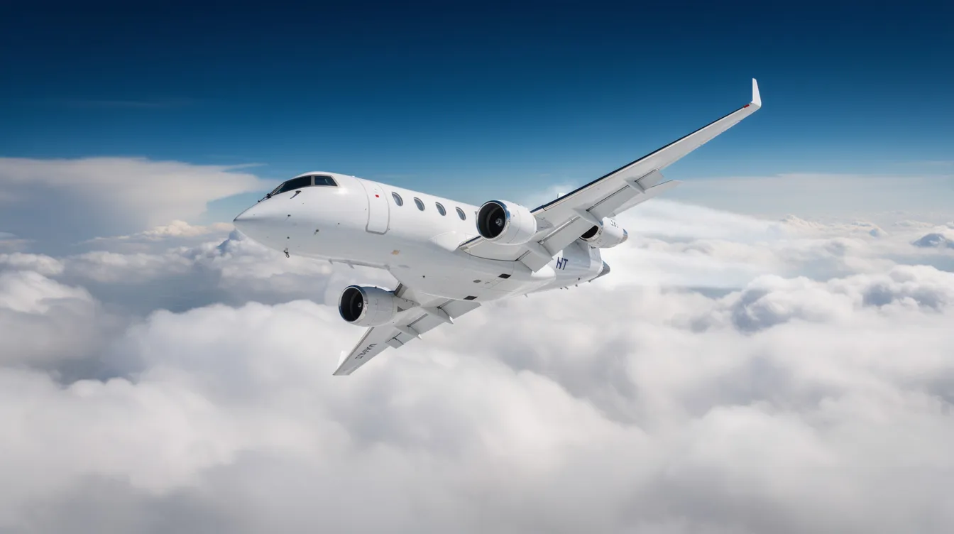 A business jet, specifically the Bombardier Challenger 850, is climbing through fluffy white clouds with a clear blue sky visible above. This private aircraft is designed for transcontinental range, offering a fuel-efficient flight experience at high cruise speeds.
