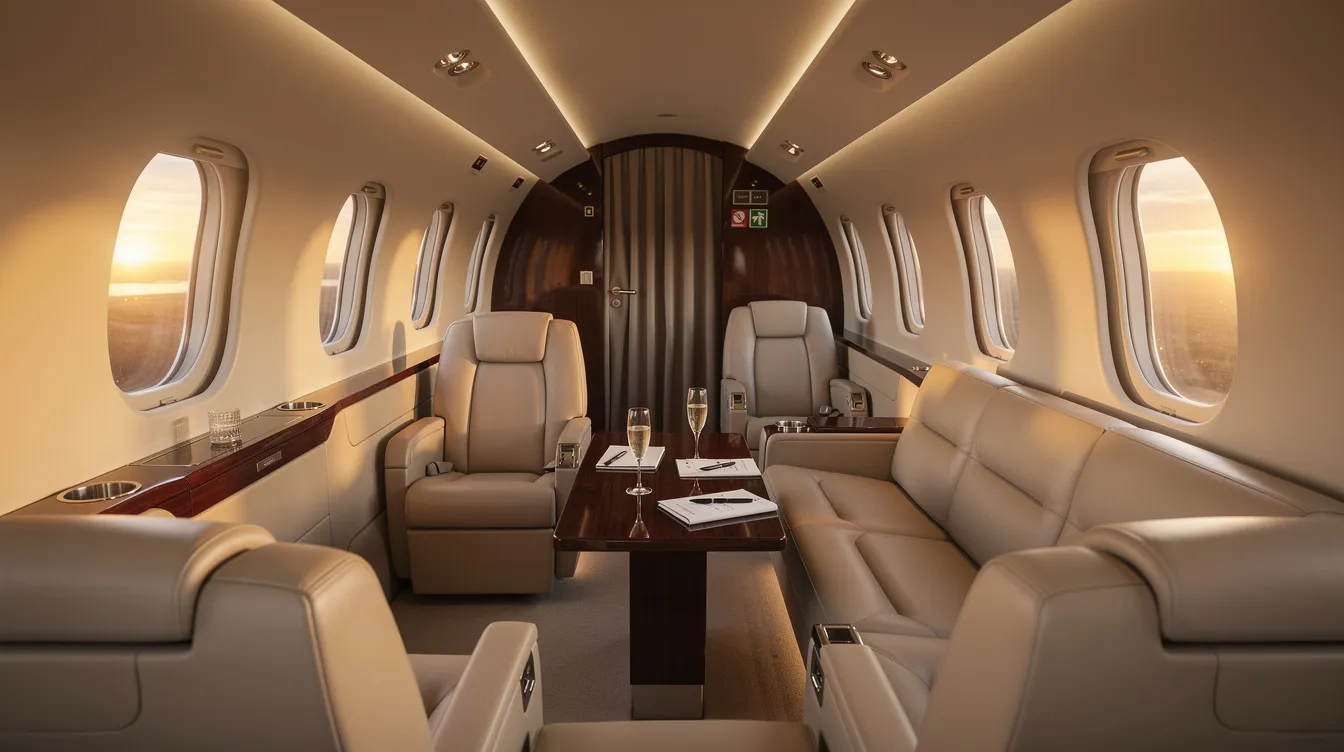 The image depicts the interior of a Bombardier Challenger 601 private jet cabin, featuring luxurious leather club seats, a comfortable divan, and warm ambient lighting that creates an inviting atmosphere for high net worth individuals. The spacious layout is designed for up to five passengers, with foldaway tables and ample space for storing hand luggage.