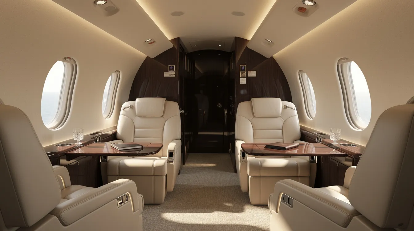 The image depicts the luxurious interior of a Bombardier Challenger 650 private jet cabin, featuring cream leather seats, polished wood surfaces, and soft ambient lighting, designed for a comfortable and stylish flying experience. The spacious flat floor cabin is equipped with large windows and USB ports, providing an ultra-smooth ride for passengers on corporate flights.