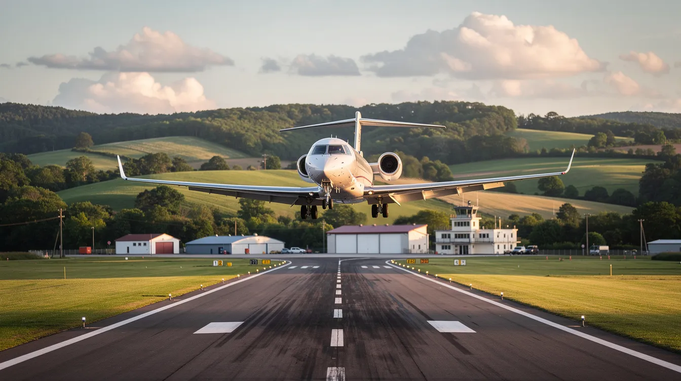 A Dassault Falcon 900B business jet is gracefully approaching a runway at a small regional airport, with lush green hills providing a picturesque backdrop. This aircraft, known for its long range and cruising speed, is designed to accommodate passengers in a spacious cabin, showcasing the elegance and efficiency of Dassault Aviation's engineering.