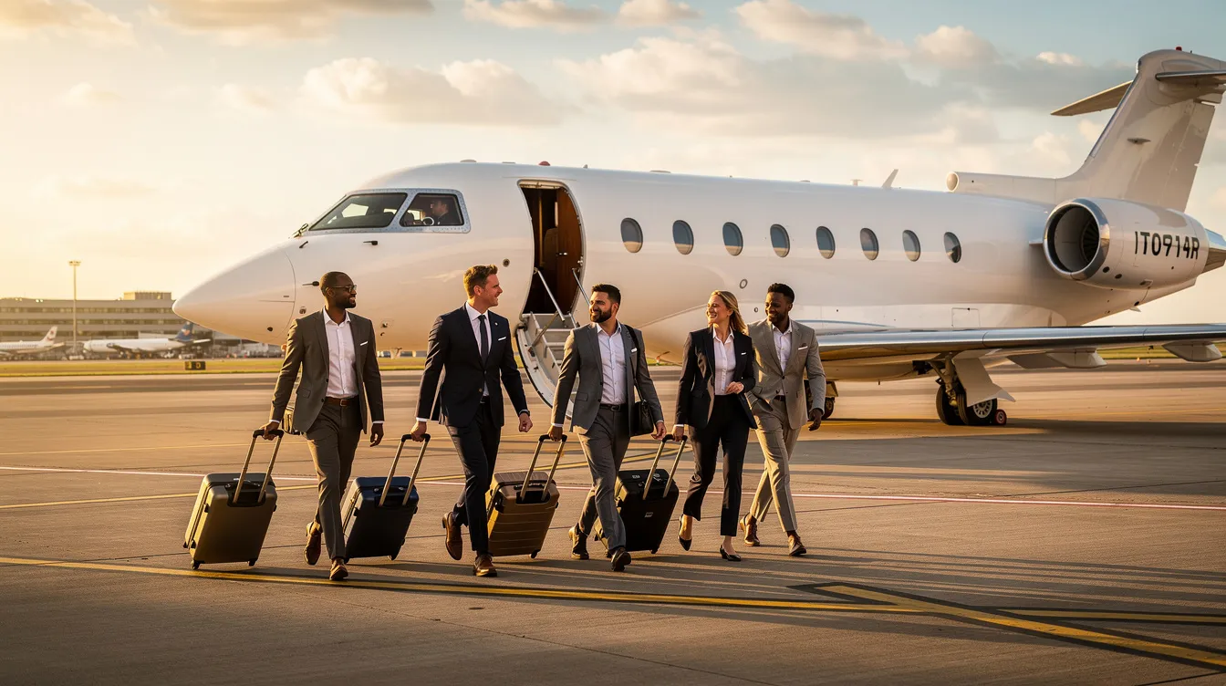 A group of business travelers is walking toward a Dassault Falcon 900B private jet on a tarmac, each carrying rolling luggage. The scene captures the elegance and efficiency of business travel, with the jet's sleek design and impressive performance highlighted in the background.