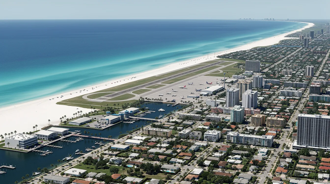 An aerial view of a vibrant coastal city in Florida showcases the stunning turquoise waters and a small airport nestled near the shoreline, highlighting the region's appeal for private jet travel and efficient aviation operations. This picturesque scene reflects the holistic airport operation and genuine full service provider options available in the area, making it a great stop for aviation enthusiasts.