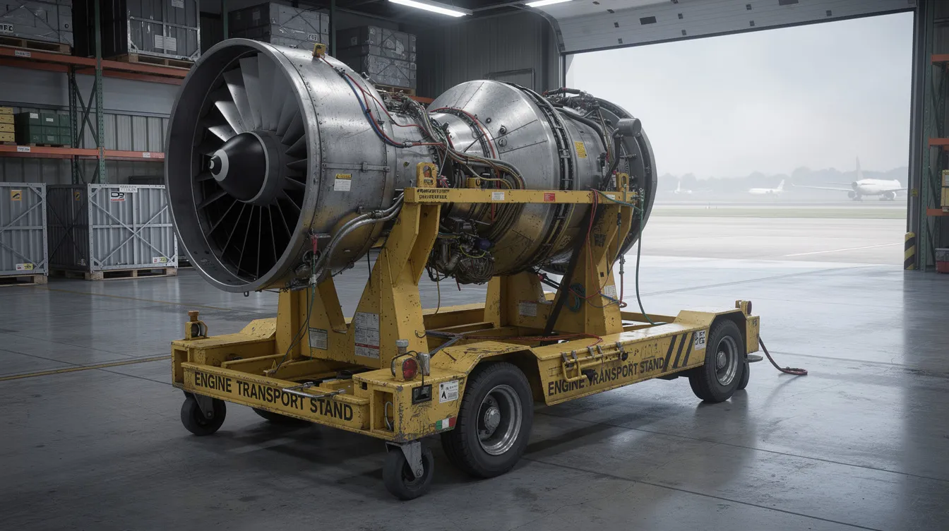 A large jet engine is securely mounted on a certified transport stand at an airport cargo facility, ready for safe transport as part of aircraft shipping operations. Surrounding the engine are various specialized equipment and heavy equipment used for handling aircraft components.