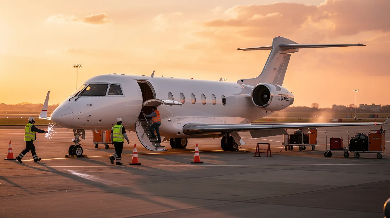A private jet is parked on a runway at sunset, with ground crew members preparing for departure, showcasing the meticulous process involved in aircraft transport. The warm hues of the sunset create a picturesque backdrop as the team ensures the aircraft is ready for a safe journey.