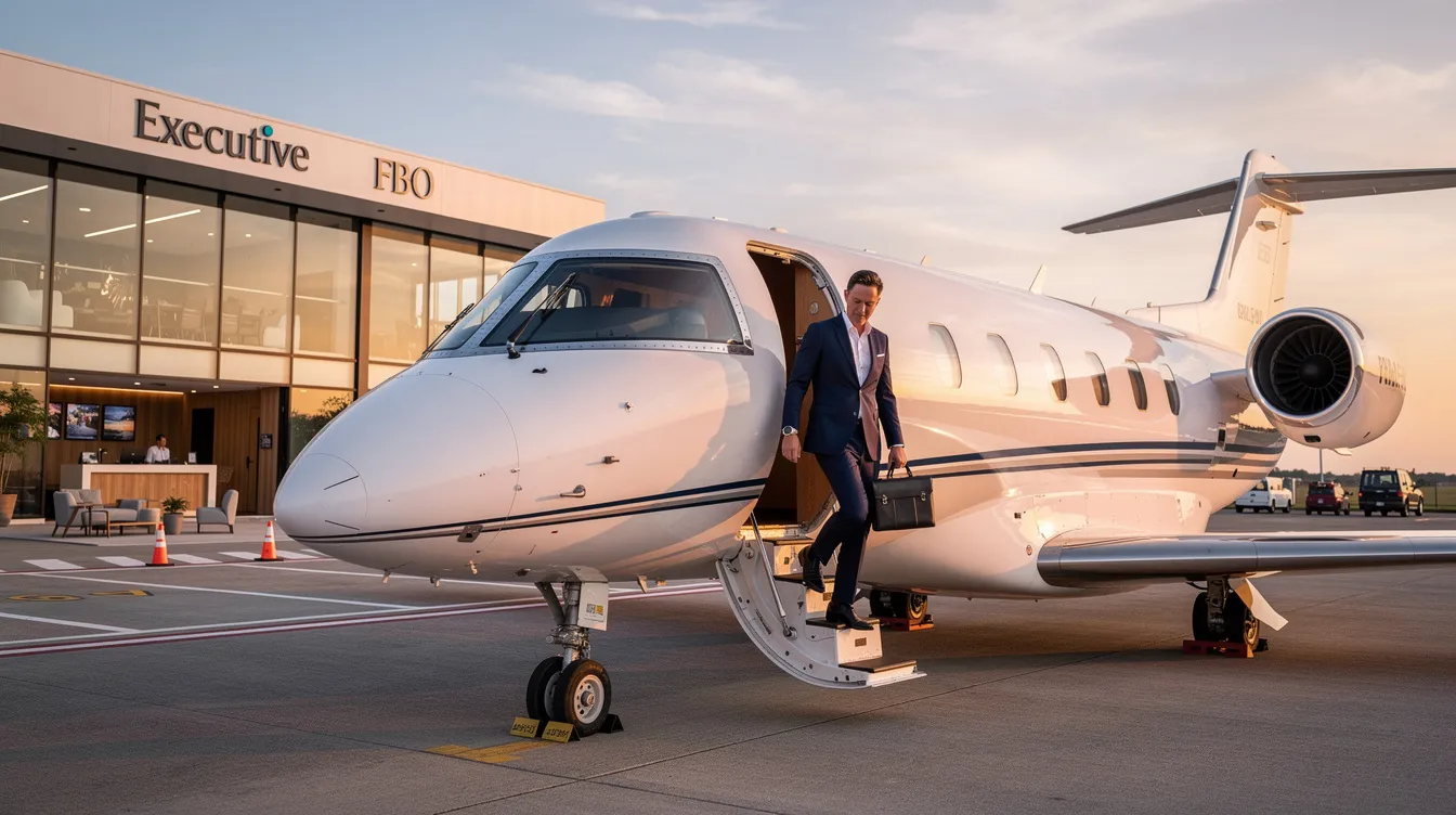 A business professional is stepping onto a small private jet at a modern Fixed Base Operator (FBO) terminal, showcasing the luxury and convenience of private jet travel. The scene highlights the ease and personalized service that comes with private aviation, providing travelers with unparalleled access to their destinations.